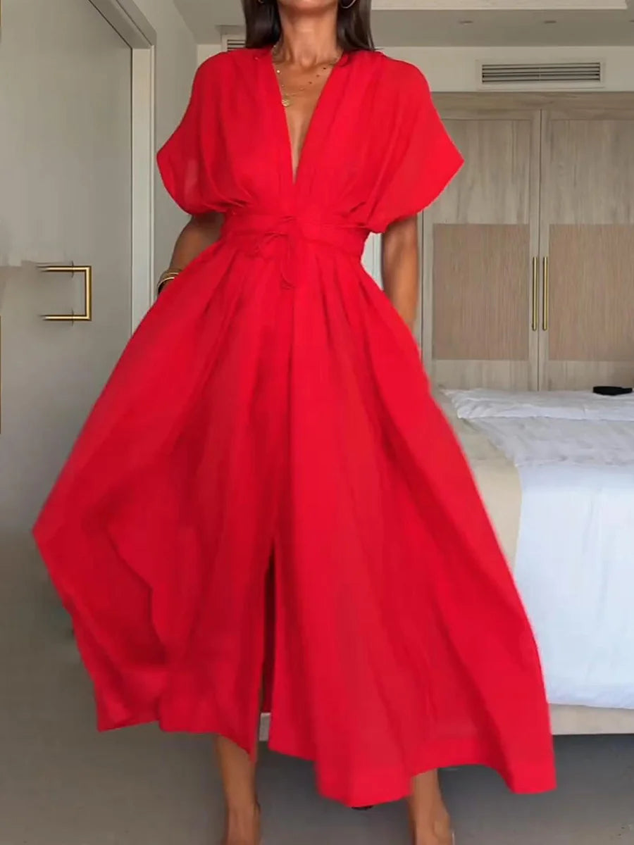 Vestido midi para mulher com decote em V e detalhe de atilhos