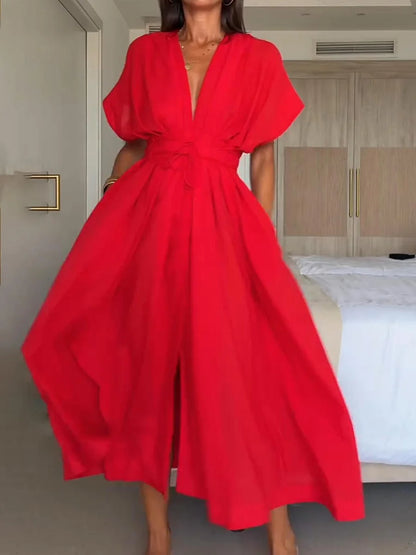 Vestido midi para mulher com decote em V e detalhe de atilhos