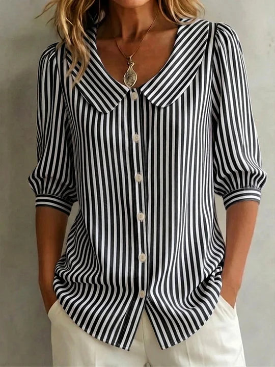 🔥 Camisa de senhora retro às riscas em algodão e linho com gola Peter Pan