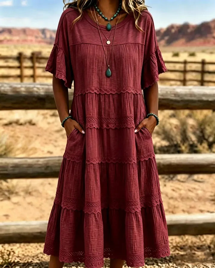 Vestido vintage em algodão e linho com estampado patchwork.