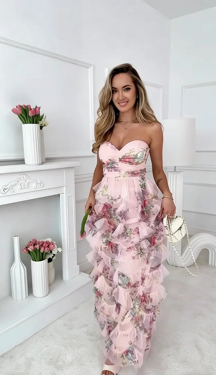 🌸🌸🌸Vestido curto com alças e corte em camadas, estilo bolo floral