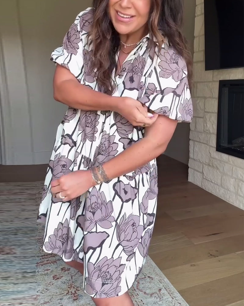 Vestido casual com estampado floral e manga abalonada