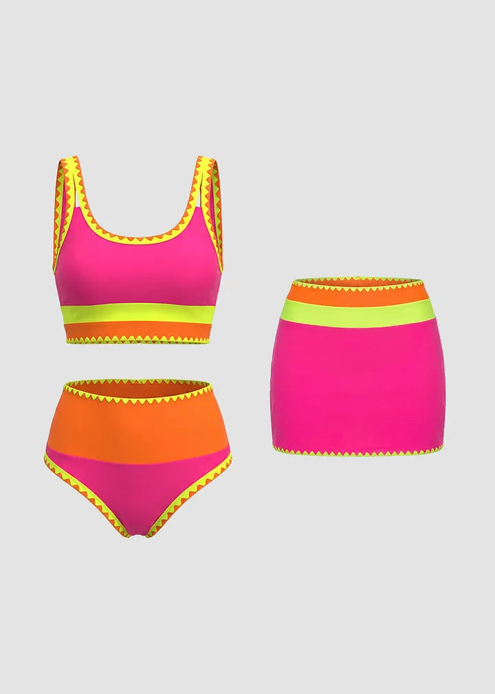✨Conjunto de biquíni de 3 peças colorido e desportivo, fabricado em nylon de alto contraste.