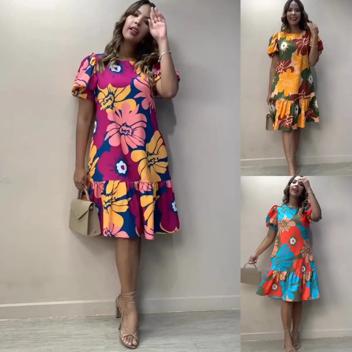 Vestido de verão elegante para mulher com mangas abalonadas, solto e confortável