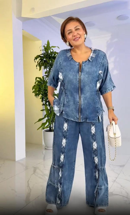 Conjunto de calças de verão para mulher com decote redondo e fecho