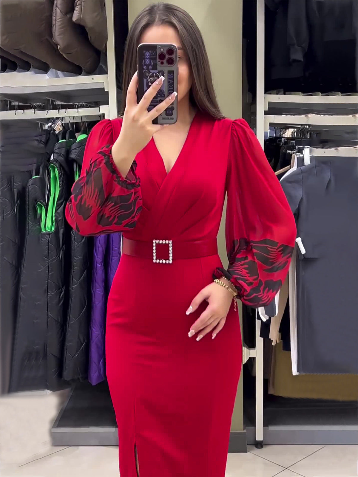 🎁Promoção imperdível🔥Elegante vestido de menina vermelho com decote em V