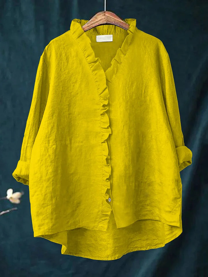 Camisa casual de mulher em algodão e linho com folhos