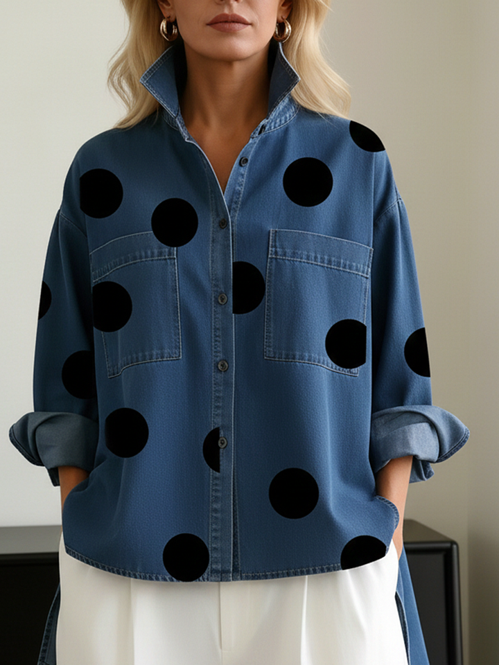Blusa de ganga elegante com estampado artístico de bolinhas e gola alta