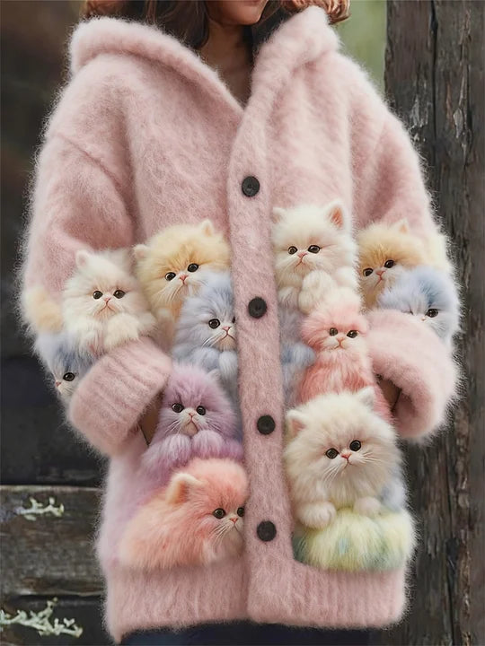 Cardigan com capuz fofo, macio e colorido com estampado de gatos