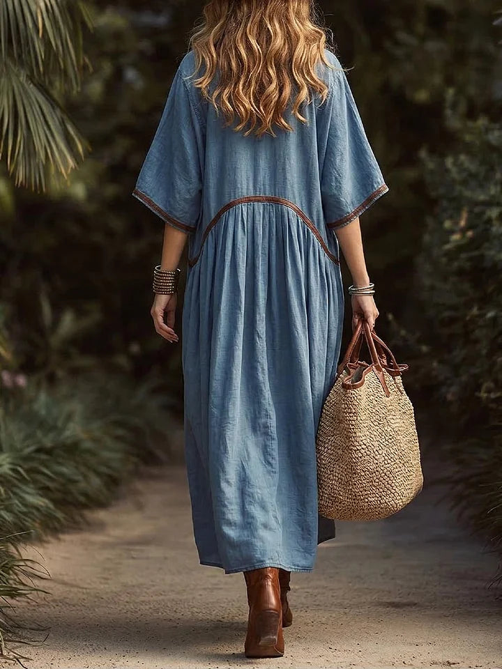 Vestido casual e largo para mulher em algodão e linho
