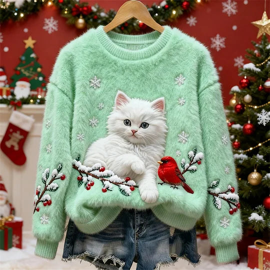 Camisola de flanela de Natal com estampa de gato e pássaro
