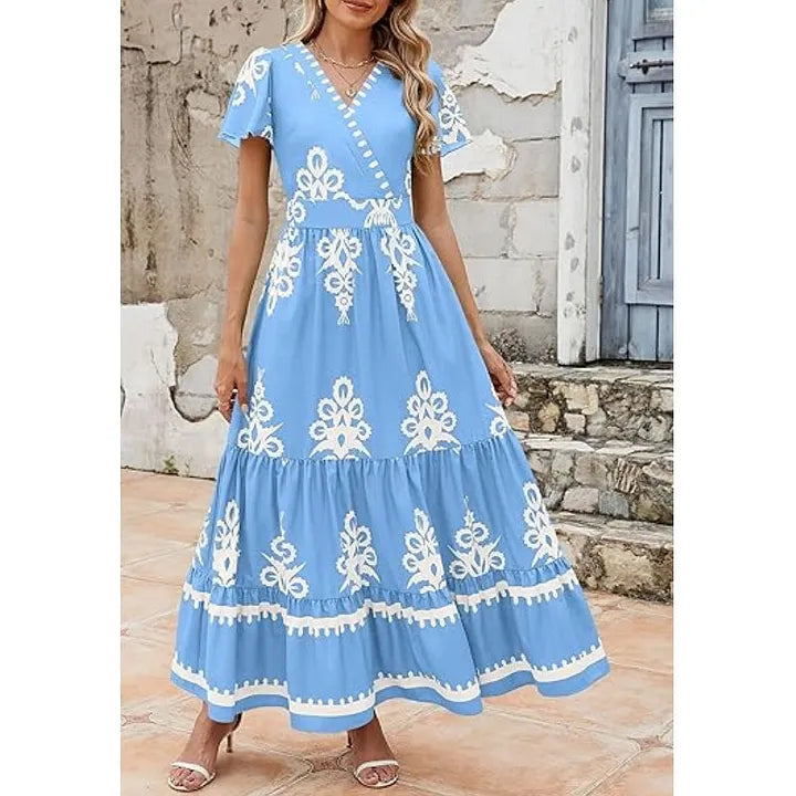 Vestido comprido casual estilo boho com decote em V