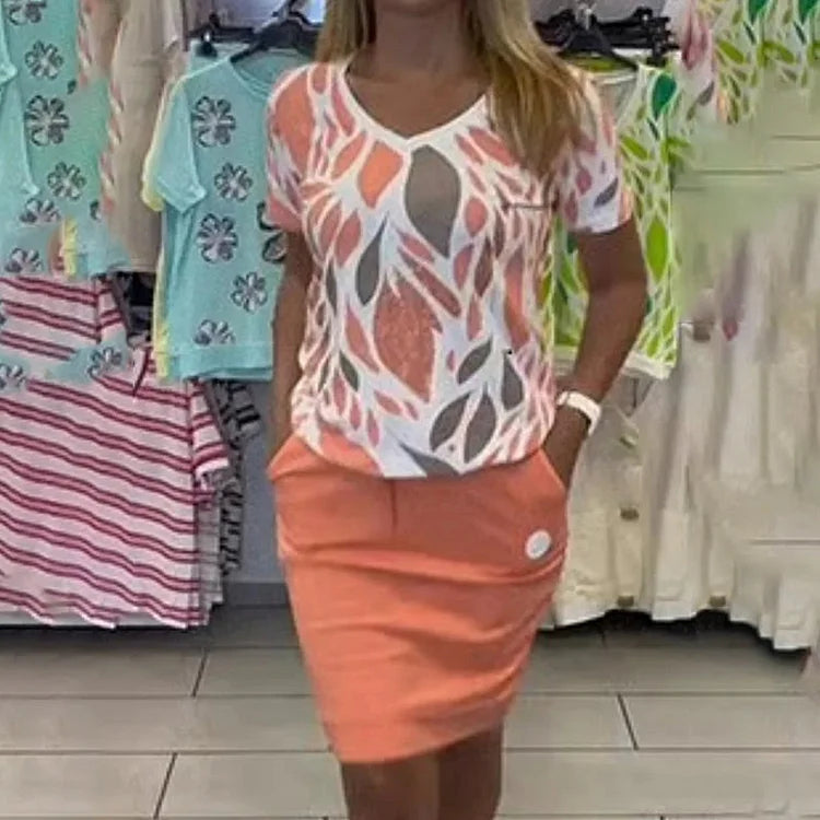 🌈Conjunto de duas peças de blusa e saia estampadas elegantes para mulher
