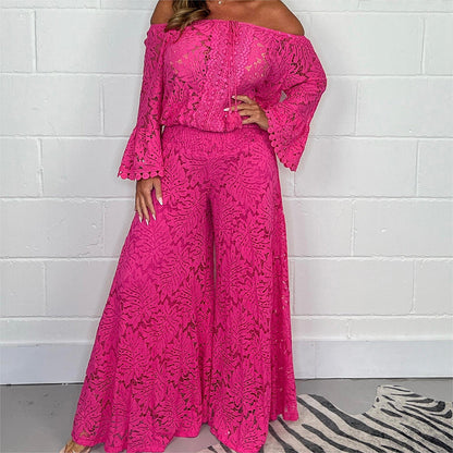 Conjunto de duas peças de blusa de renda + calças de perna larga para senhora