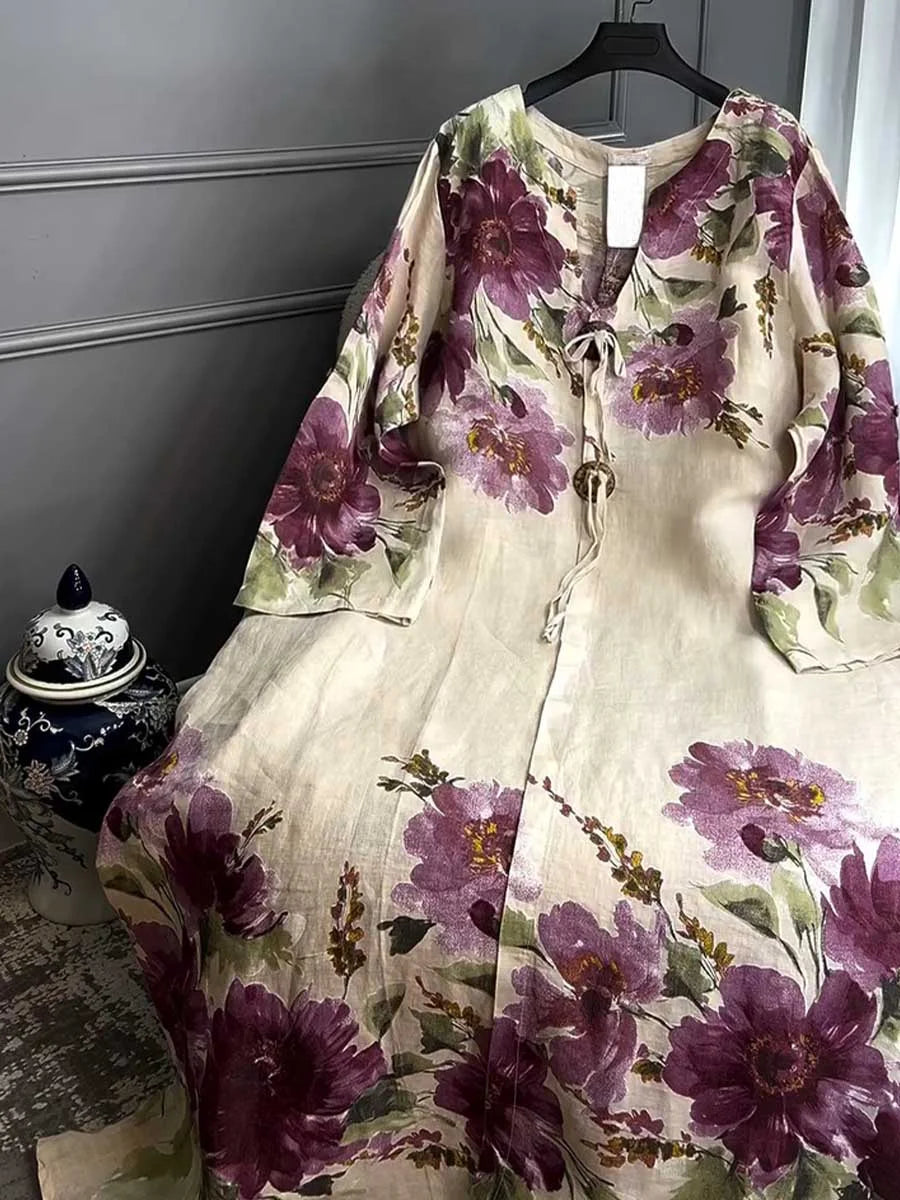 Vestido casual de mulher em algodão e linho com estampado vintage, mangas compridas e decote em V