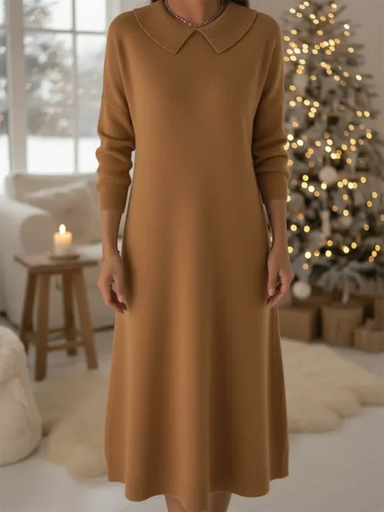 Vestido midi de malha com gola Peter Pan retro