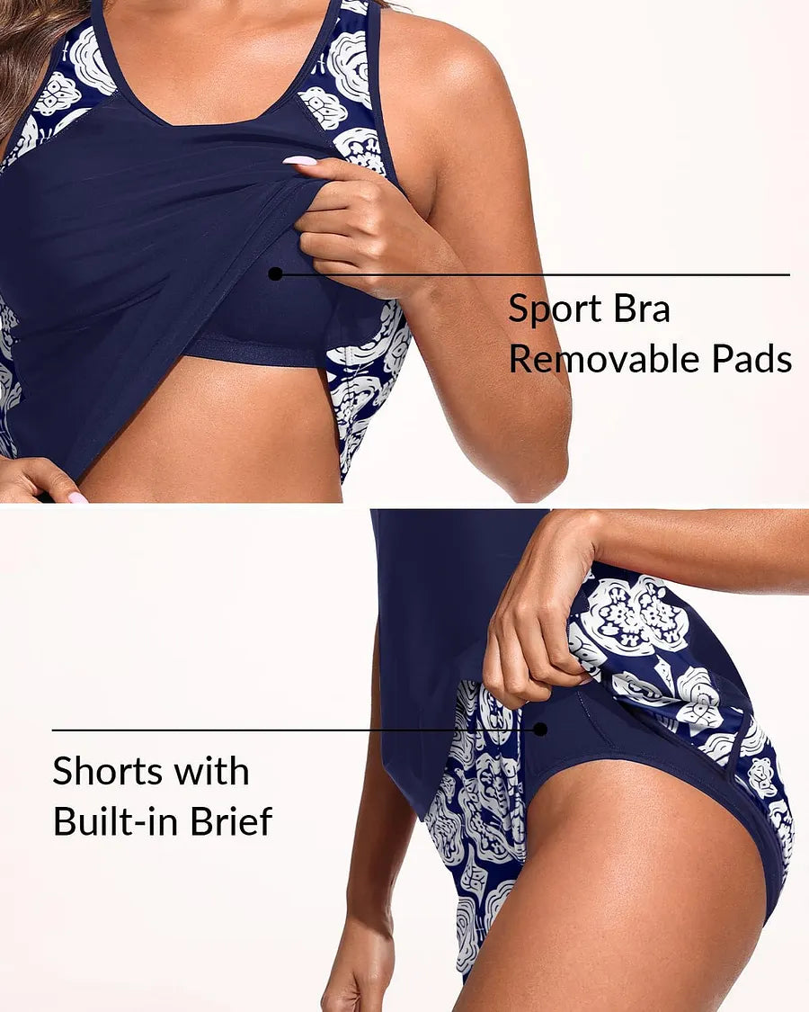 Biquíni Tankini com Calções – Conjunto de Duas Peças com Efeito Redutor de Medidas na Cintura e Bolsos em Estilo Desportivo