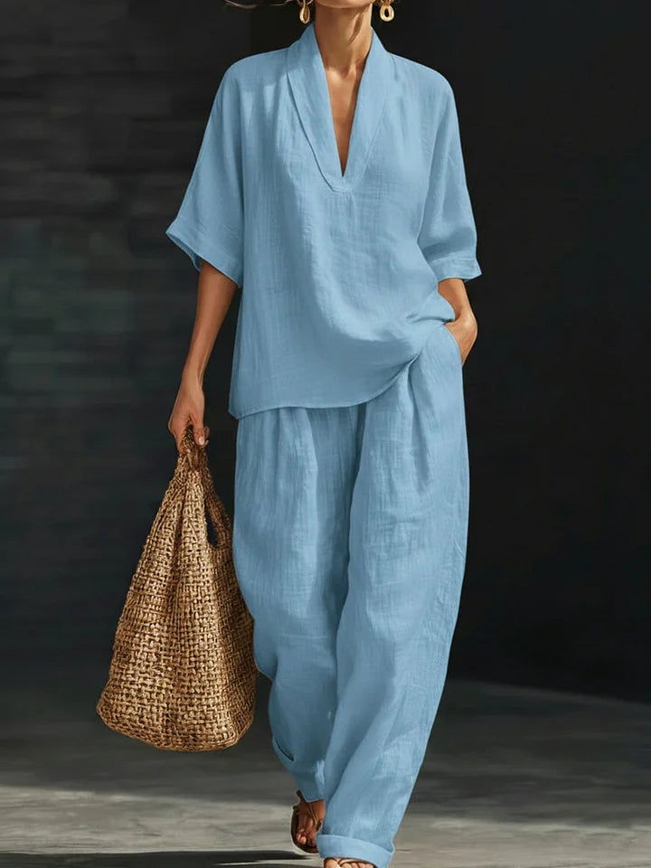 Conjunto de senhora em linho de duas peças, casual e confortável.