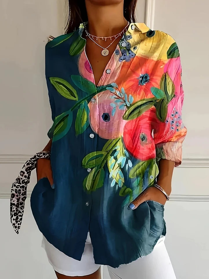 Camisa casual para mulher com estampado floral e lapela
