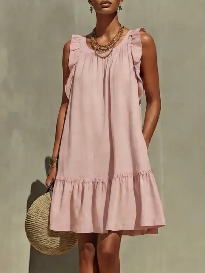 Vestido sem mangas com folhos em algodão e linho