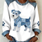 Blusa de moletão para mulher em ganga com estampado de dachshund e patchwork