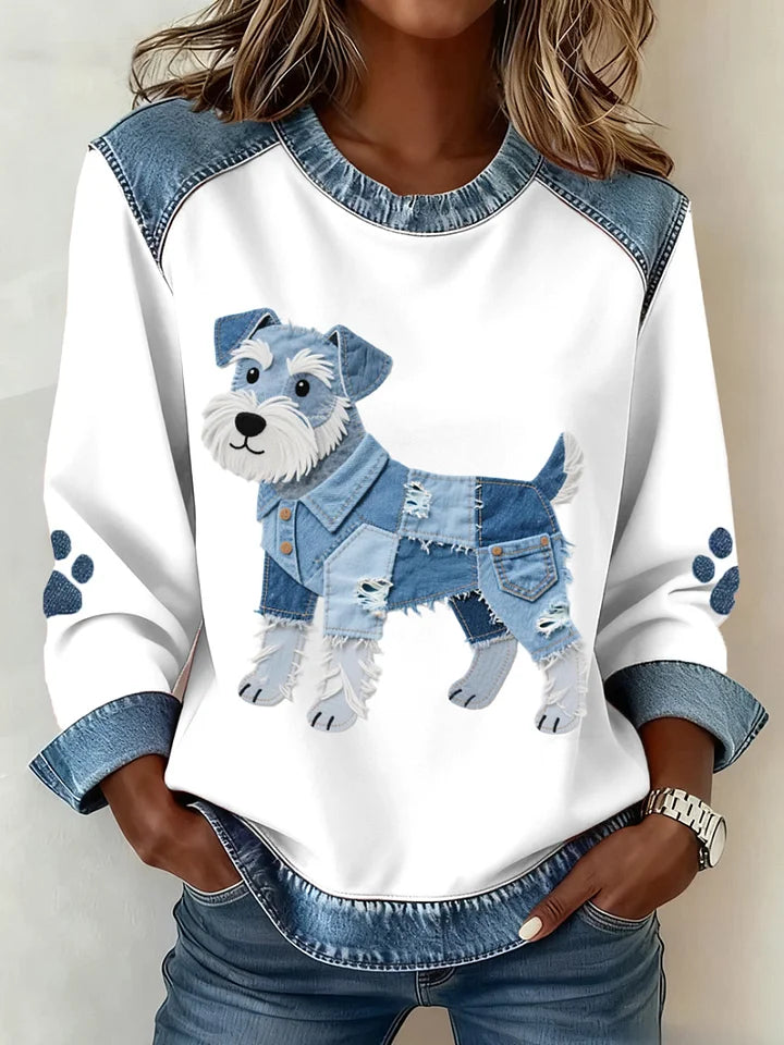 Blusa de moletão para mulher em ganga com estampado de dachshund e patchwork