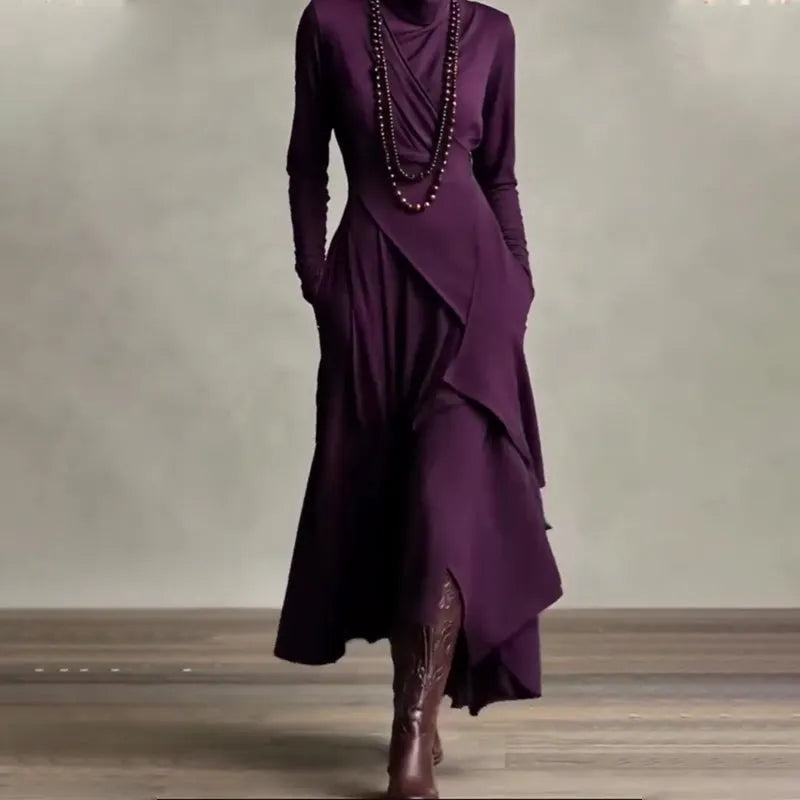 Elegante Vestido Longo para Mulher com Gola Alta, Assimétrico e Drapeado