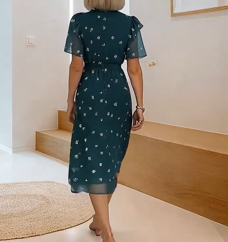 🔥 Elegante vestido de chiffon estampado com decote em V✨