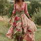 Vestido comprido vintage floral para mulher com decote em V em mistura de linho