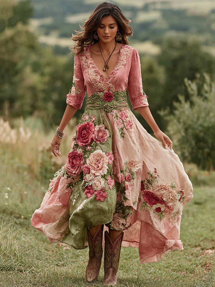 Vestido comprido vintage floral para mulher com decote em V em mistura de linho