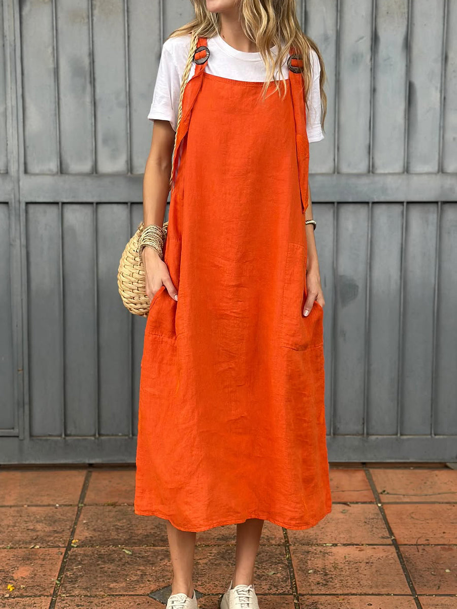 Vestido de mulher em algodão e linho com alça ajustável e bolso