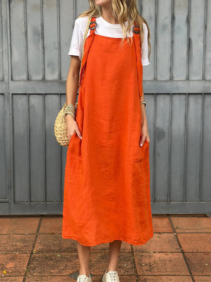 Vestido de mulher em algodão e linho com alça ajustável e bolso