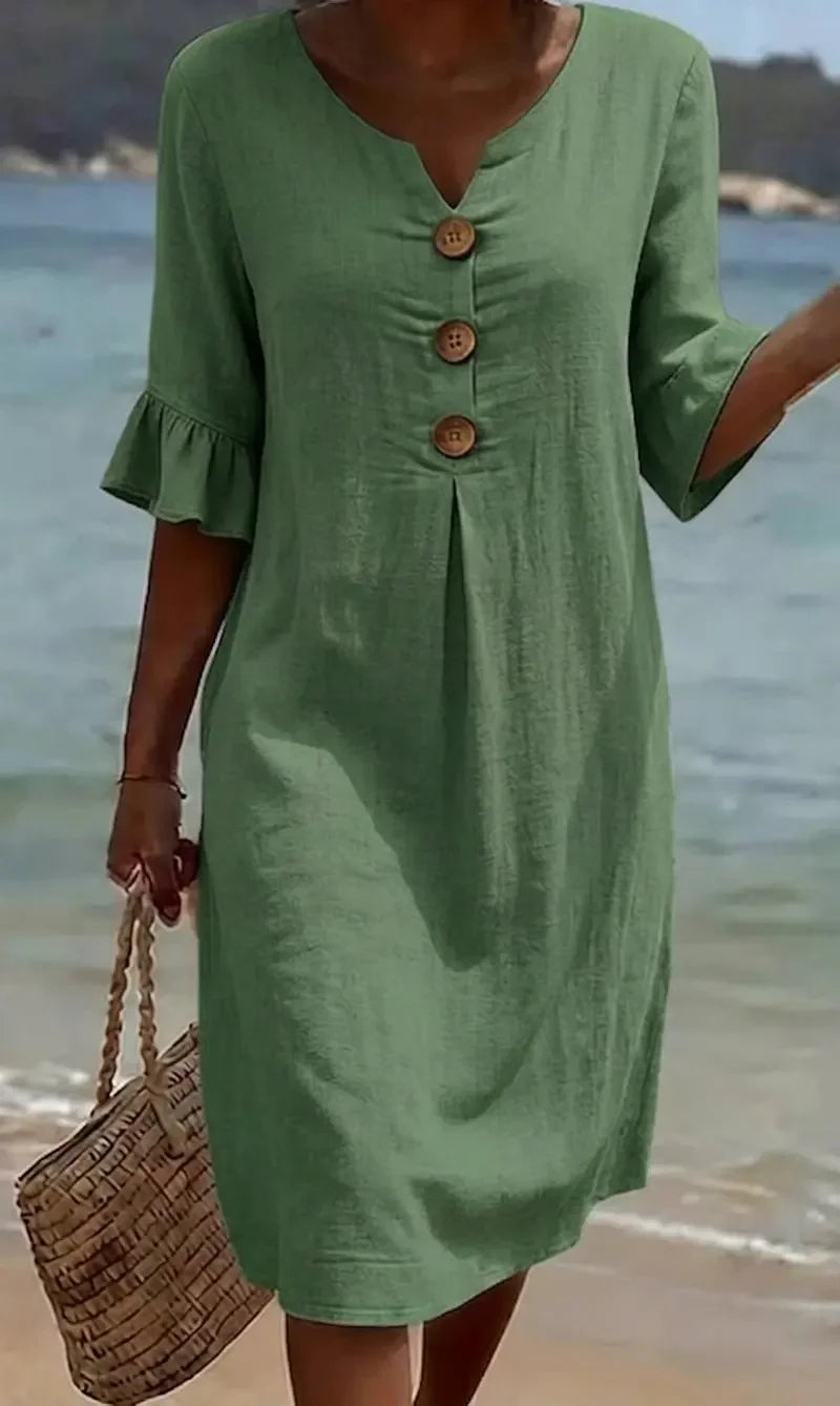 Vestido de senhora em algodão e linho, modelo 2026