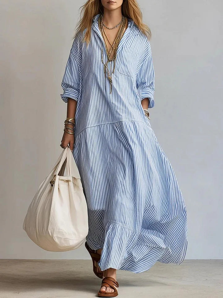 Vestido feminino casual listrado e largo