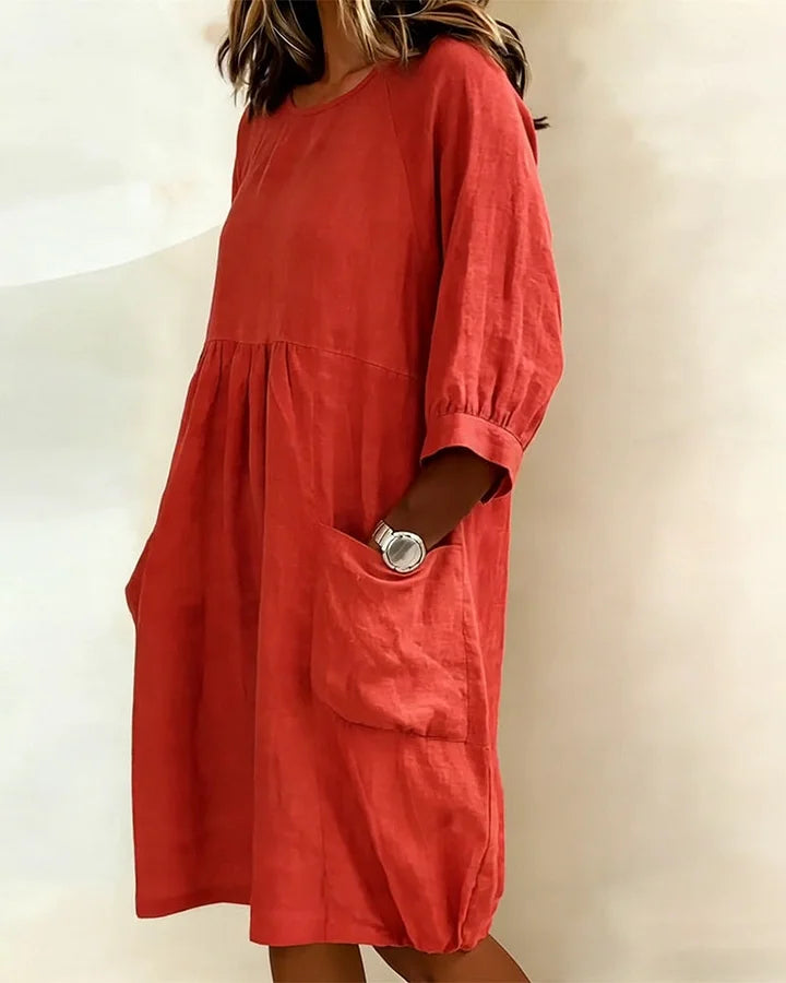 Vestido largo em algodão com mangas 3/4