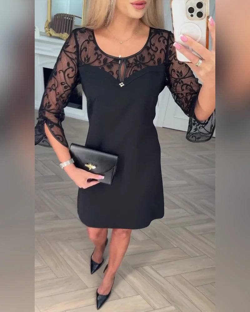 Vestido de mangas compridas com patchwork em cor sólida