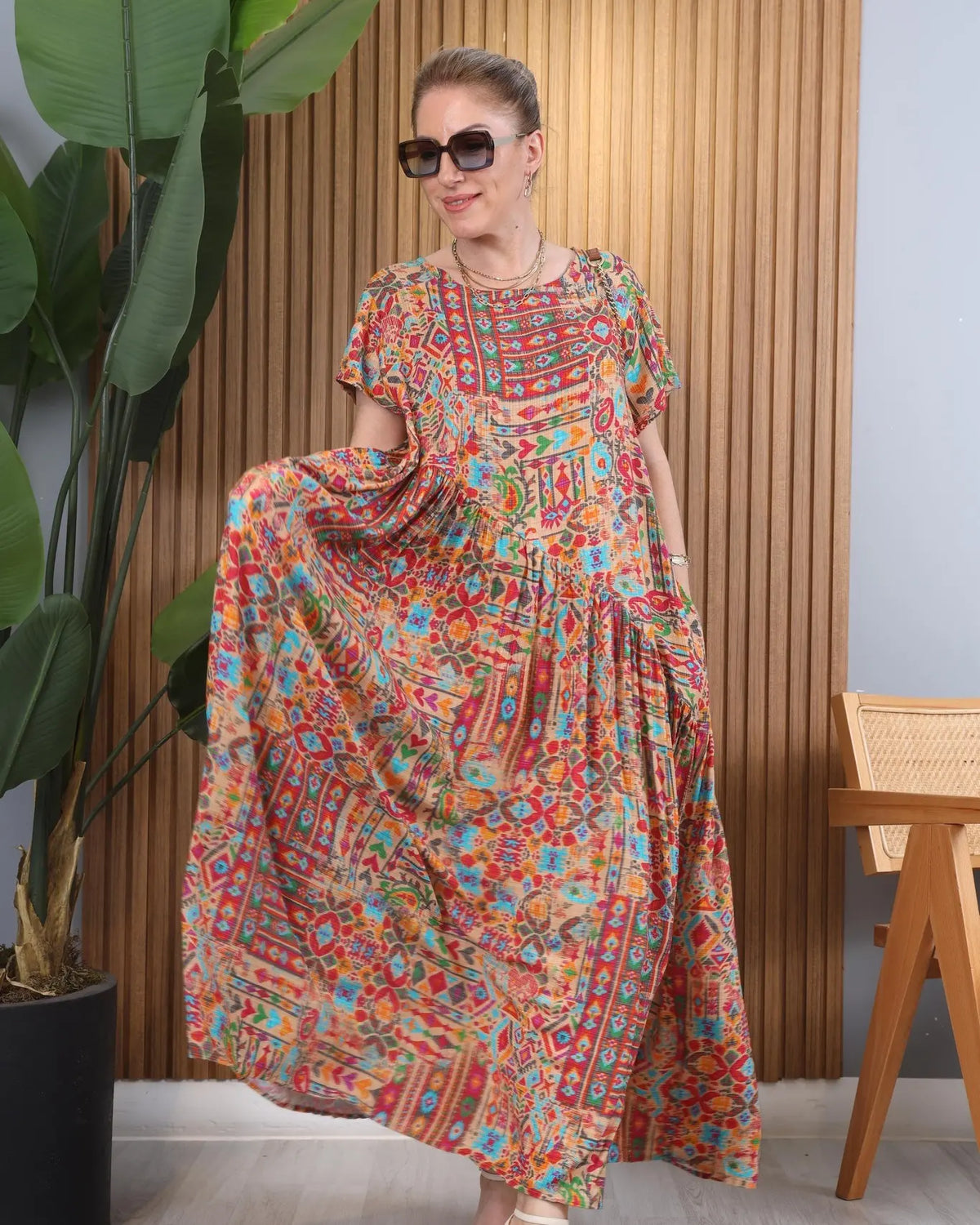 Vestido étnico assimétrico de manga curta [S-5XL]