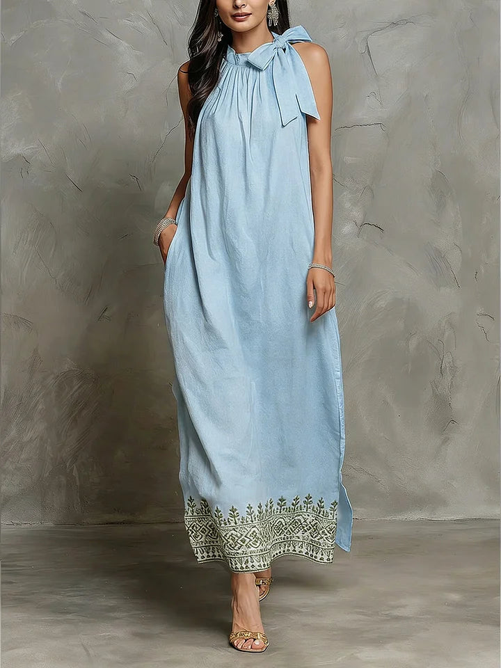 Vestido sem mangas em linho e algodão estampado