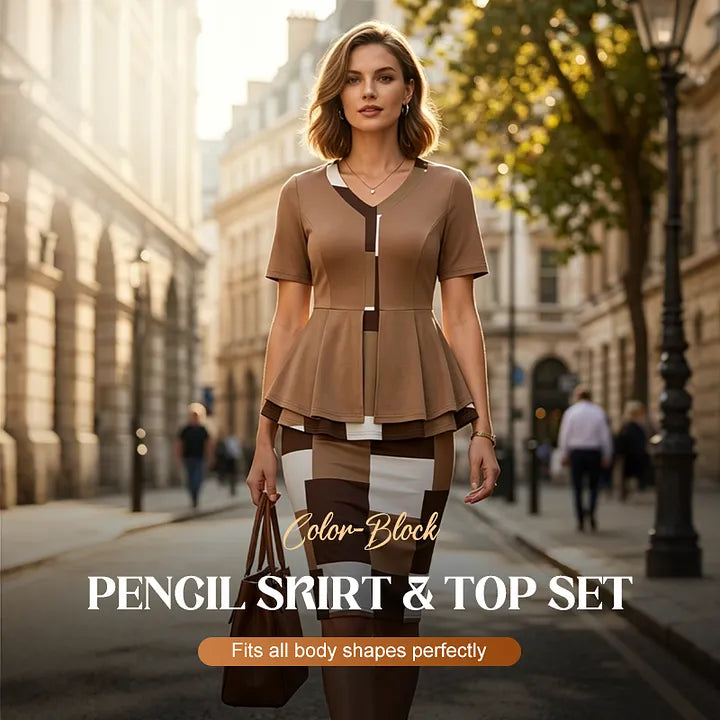 Um conjunto composto por uma saia lápis e uma blusa de cores contrastantes