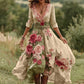 Vestido comprido vintage floral para mulher com decote em V em mistura de linho