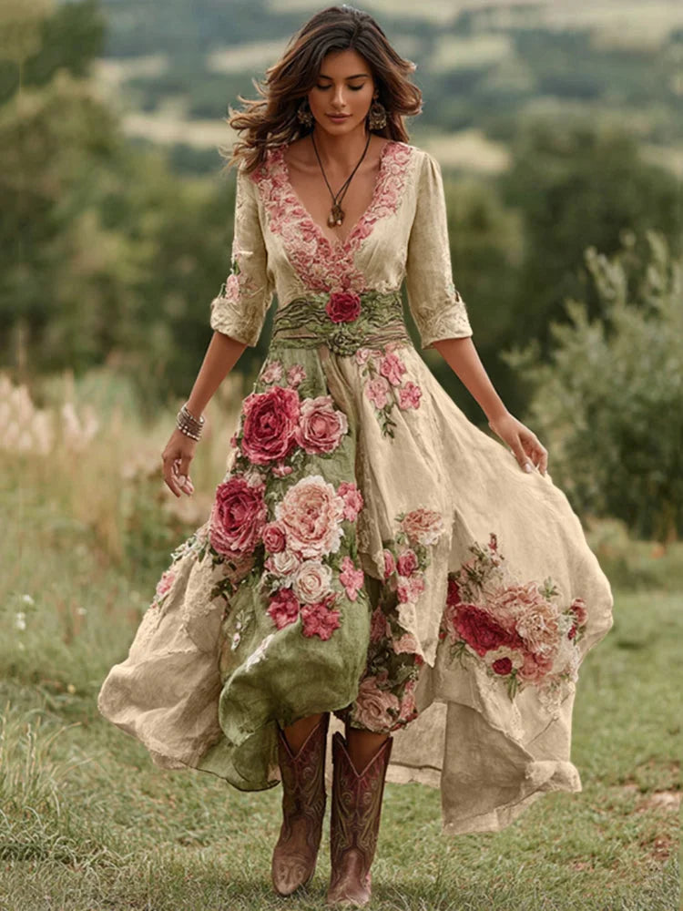 Vestido comprido vintage floral para mulher com decote em V em mistura de linho