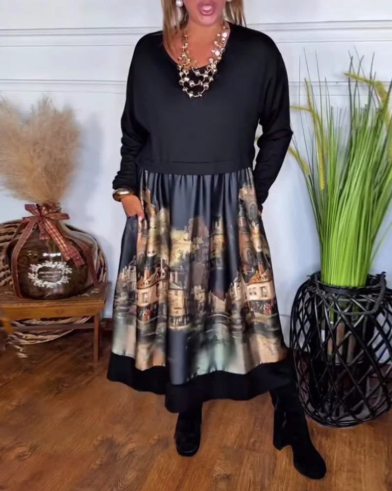 Vestido casual de manga comprida com estampado