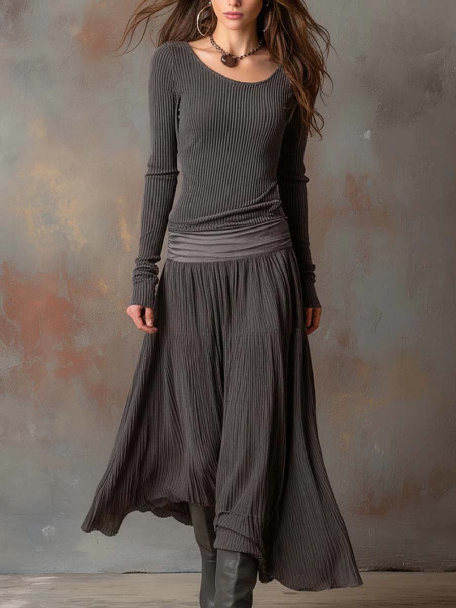 Vestido maxi vintage canelado em cinzento carvão
