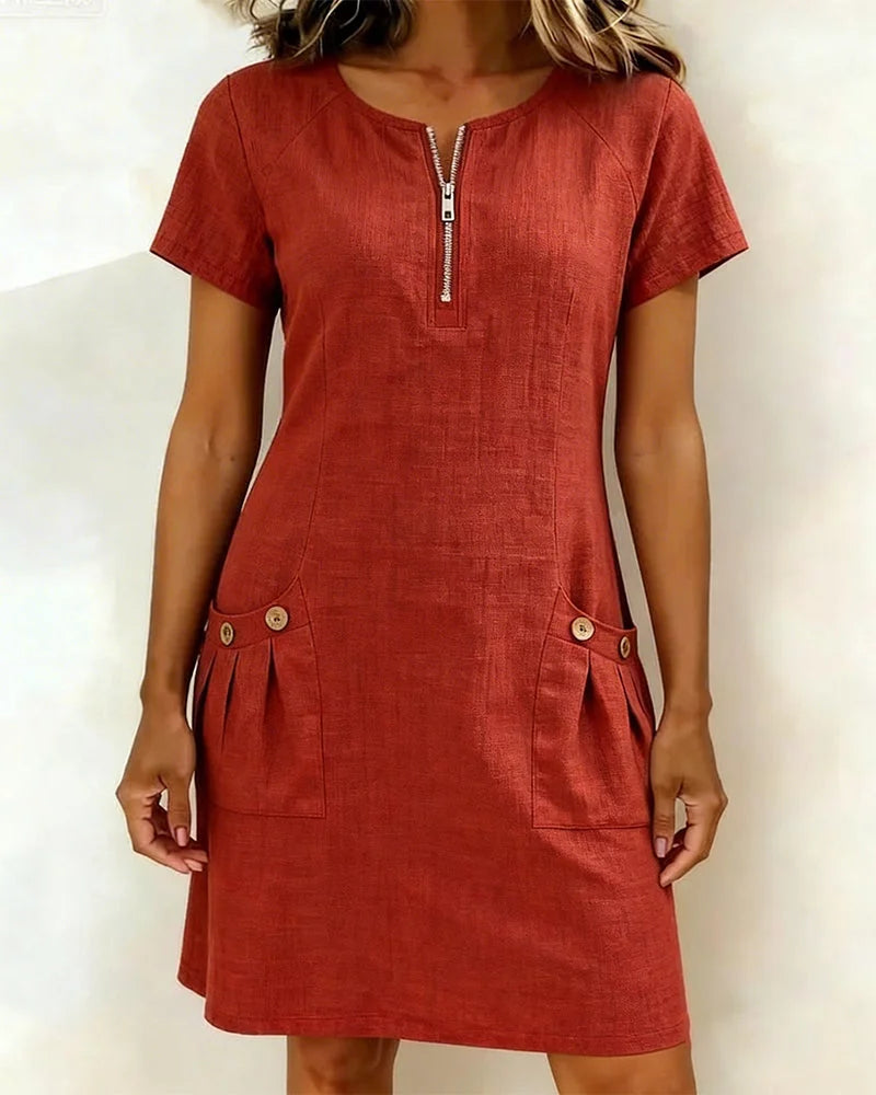 Vestido em algodão e linho com bolsos com fecho