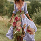 Vestido comprido vintage floral para mulher com decote em V em mistura de linho