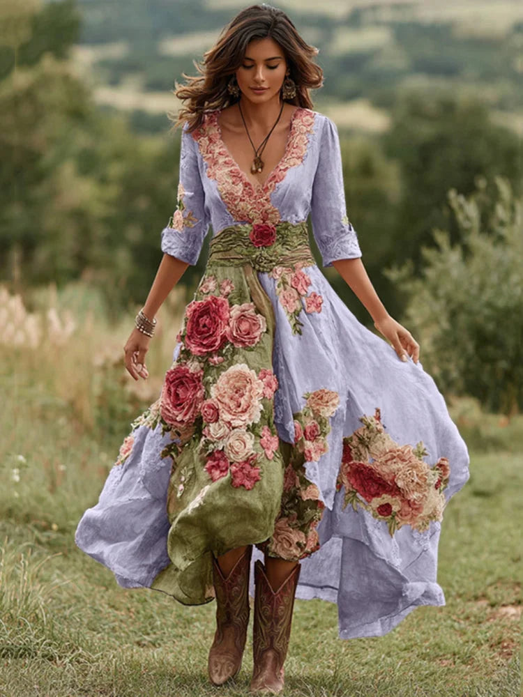 Vestido comprido vintage floral para mulher com decote em V em mistura de linho