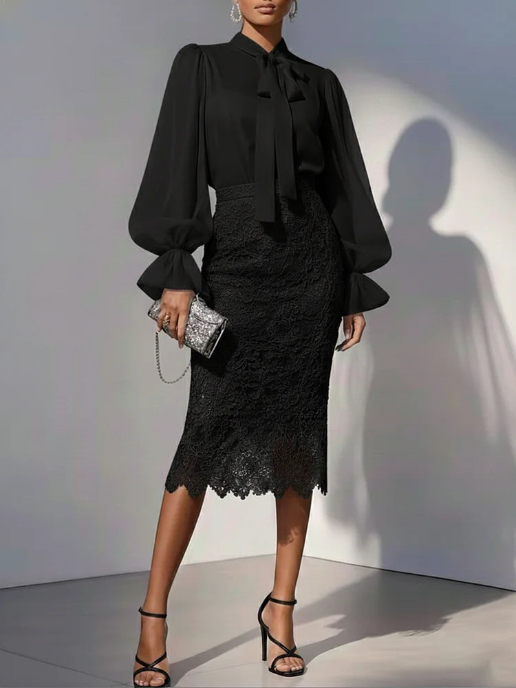 Elegante conjunto de duas peças composto por blusa de chiffon e saia de renda
