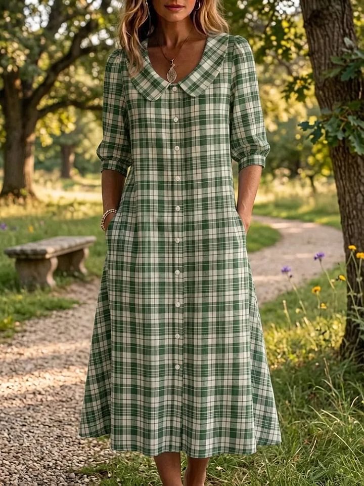 Vestido Xadrez Vintage para Mulher com Bolsos