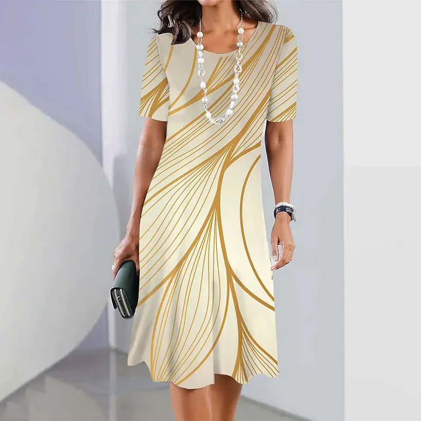 Novo vestido elegante com estampado em contraste e decote redondo.