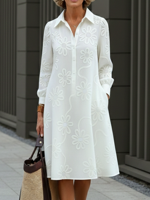 Vestido elegante com bordado floral e gola de camisa